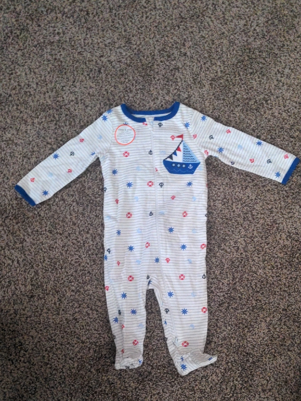 NWT Nautical Sailor Stripe Baby One-Piece Sleeper in Blue and White 6-9M